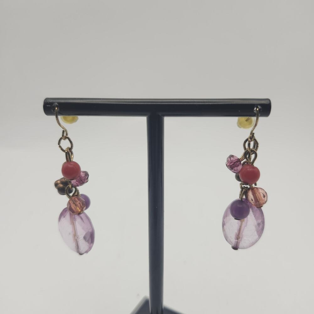 Boho Colorful Purple Beaded Drop Dangle Earrings Gold Tone Mixed Beads‎ 2in Fun
